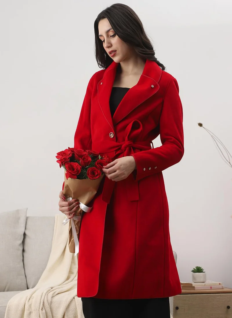 جلو باص Globus Women Red Shawl Collar Long Sleeves Solid 2 Pockets Winterwear Trench Coat With Belt